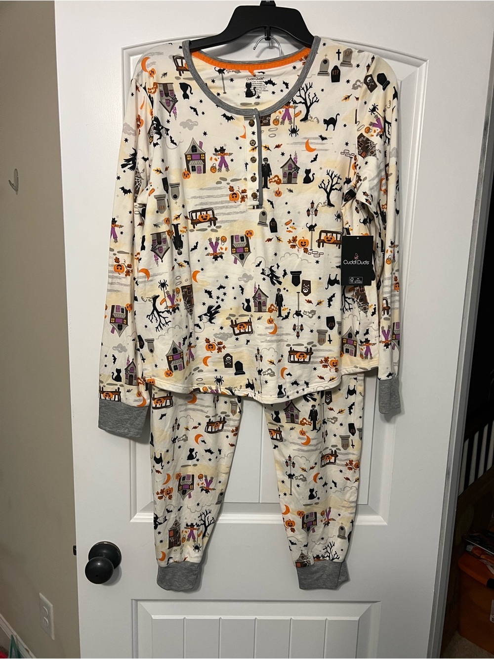 Cuddl Duds Cream Halloween Print Kids Pajama Set with Orange & Gray Accents